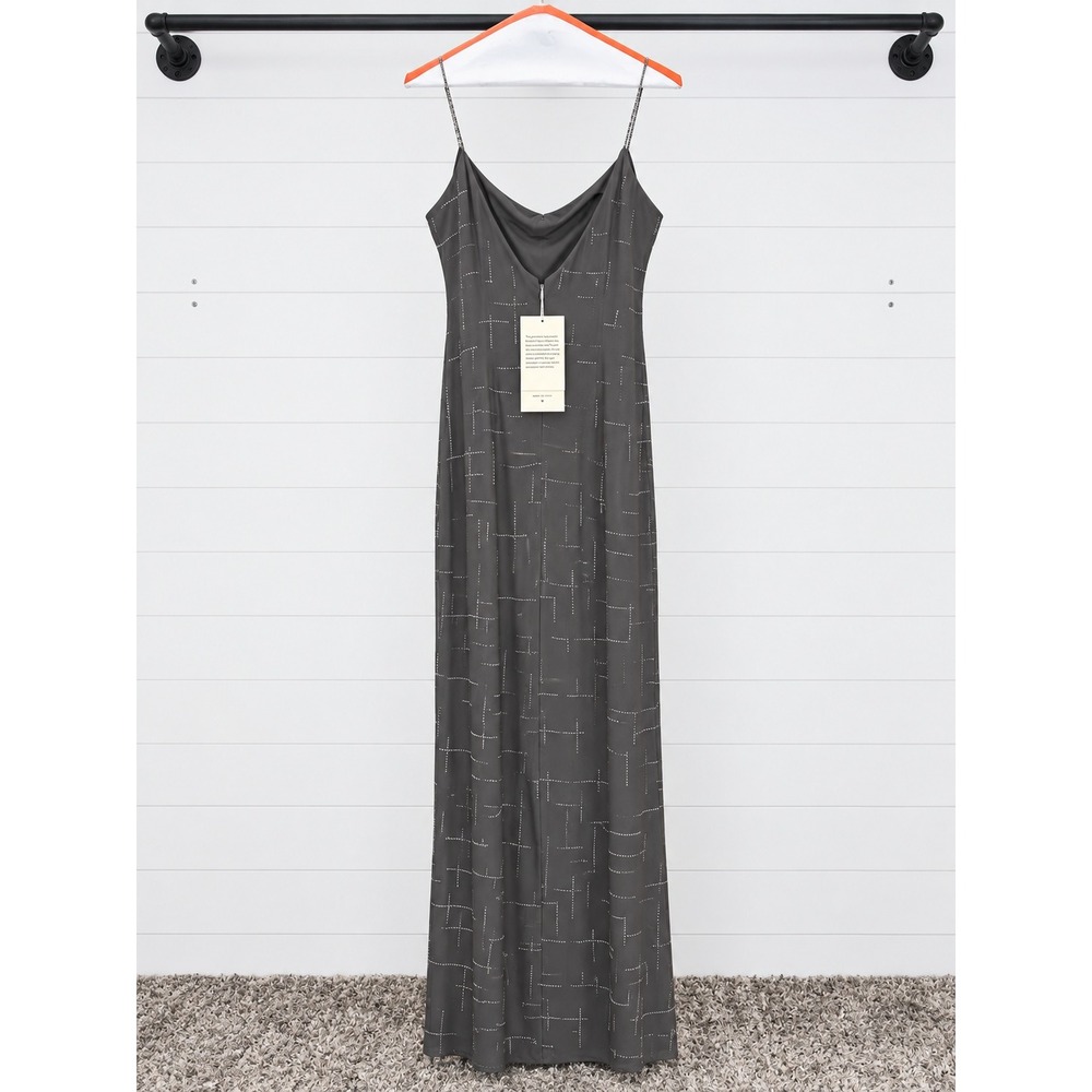 NWT Basix II Formal 100% Silk Grey Rhinestone Embellished Maxi Dress ($595) 4 - Picture 3 of 5